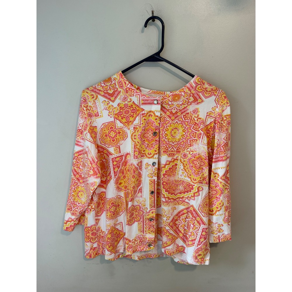 Onque Casuals Women Large Orange Pink Tile Print Button Front 3/4 Sleeve